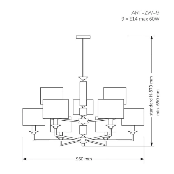 Wisząca lampa salonowa Artu ART-ZW-9 (Z) z abażurami szara mosiądz
