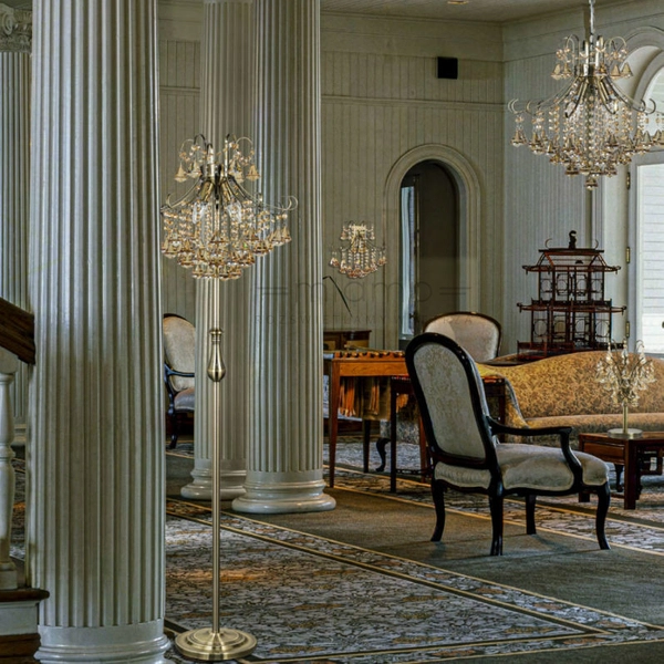 LAMPA podłogowa Barcelona 6248/4F 21QG Elem glamour OPRAWA stojąca z kryształkami szklana mosiądz bursztynowa