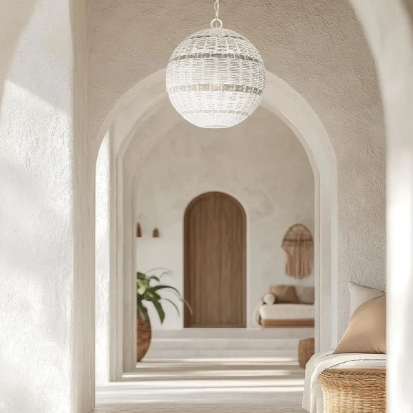 Kulista lampa wisząca Lindendale QZ-LINDENDALE-P-AWH okrągła rattan biały