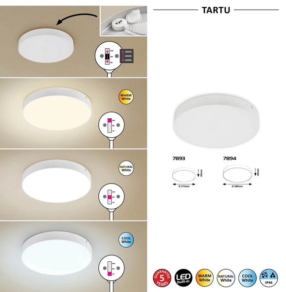 Sufitowa LAMPA plafon TARTU 7893 Rabalux metalowa OPRAWA okrągła LED 18W 2800K - 6000K plafoniera do łazienki IP44 biała