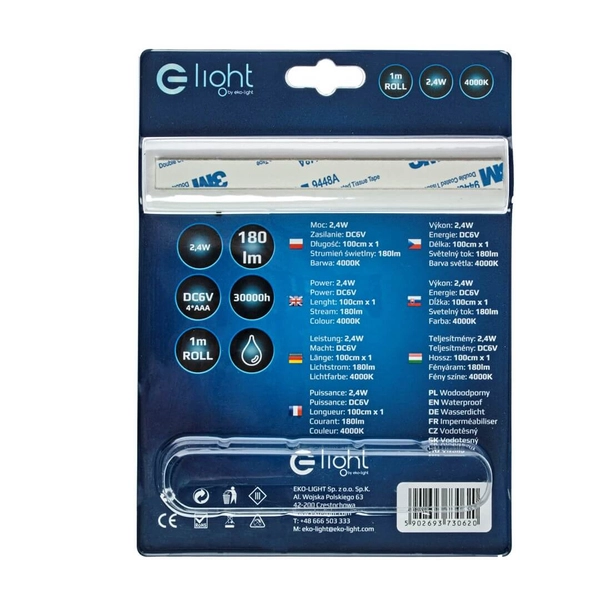Ledowa taśma na baterie EKZ0620 Eko-light LED 2,4W 4000K sensor IP65 biała
