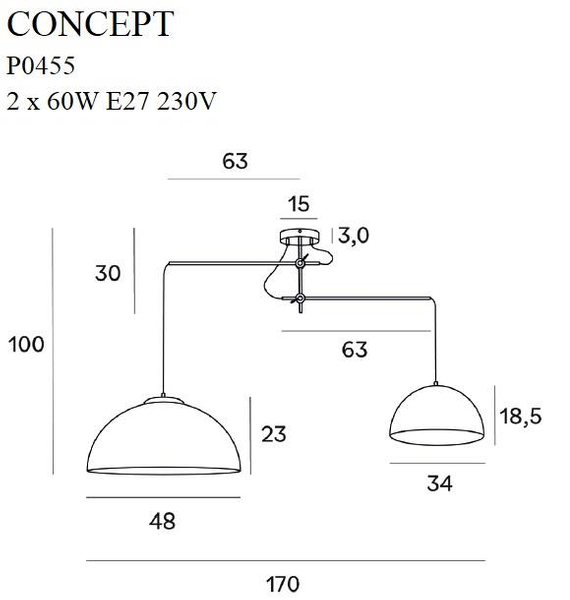 2-płomienny żyrandol czarny CONCEPT P0455 metalowa lampa do salonu
