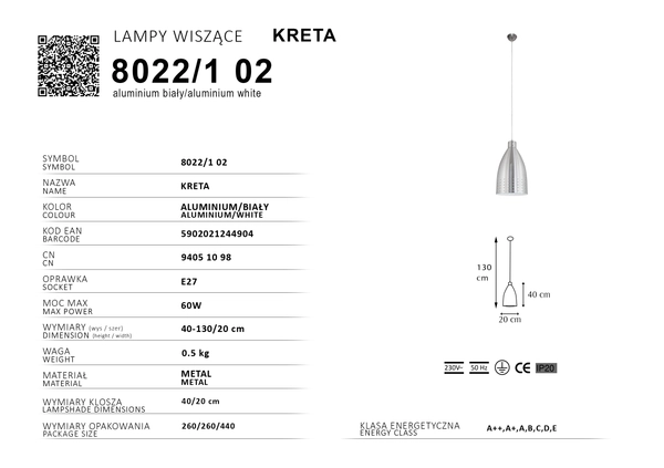 Metalowa lampa wisząca 8022/1 ZWIS - 02 ażur aluminium