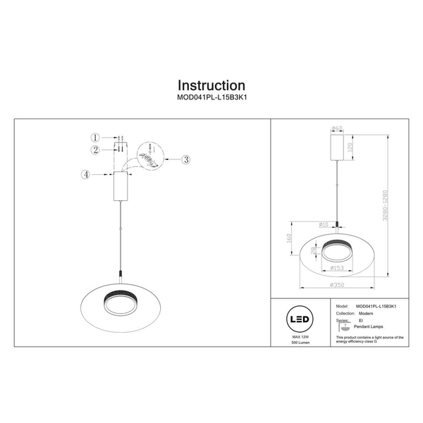 Wisząca lampa okragła El MOD041PL-L15B3K1 Maytoni LED 12W 3000K czarny