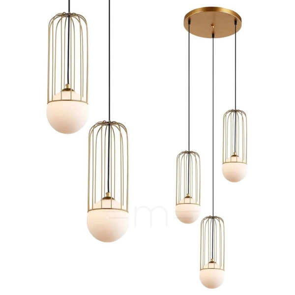 LAMPA wisząca SIMON MDM-3938/3 GD Italux druciana OPRAWA metalowa ZWIS szklane kule balls KASKADA klatki loft złote