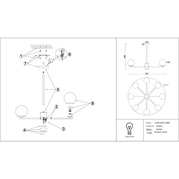 Żyrandol do salonu Marble MOD187PL-08BS Maytoni kuliste klosze mosiądz