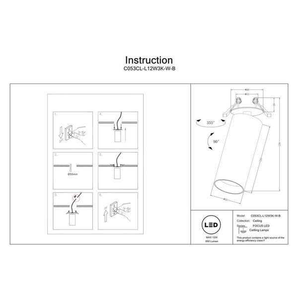 Lampa sufitowa z regulacją Focus C053CL-L12W3K-W-B LED 12W 3000K czarna