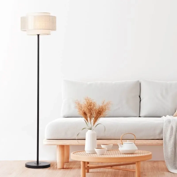 Podłogowa lampa z abażurem Odar 93134/09 czarna beżowa