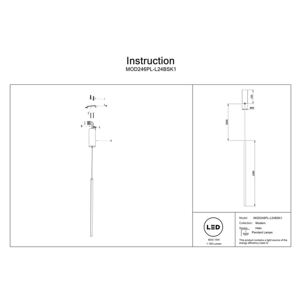 Jadalniana lampa wisząca Halo MOD246PL-L24BSK1 LED 15W 3000K tubka mosiądz