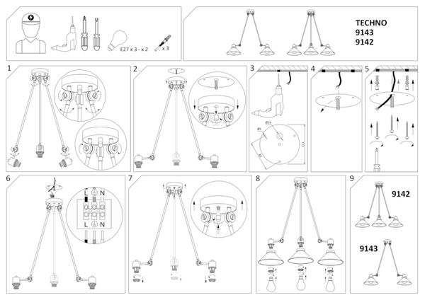Lampa wisząca z wysięgnikami do regulacji TECHNO metalowa czarna biała TECHNO 9142