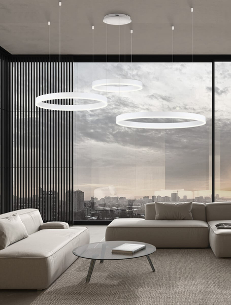 Biała lampa wisząca JACA LE42766 LED 143W 3000K rings do sypialni
