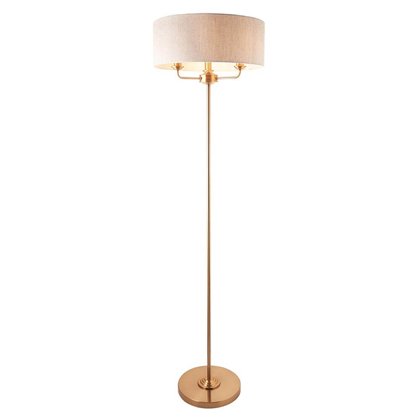 Stojąca lampa tkaninowa Highclere 110724 z abażurem beżowa mosiądz