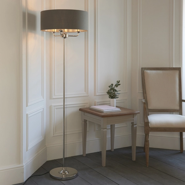Stojąca lampa z abażurem Highclere 94378 Endon klasyczna szara nikiel