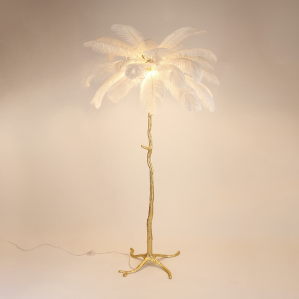 Podłogowa lampa do salonu EMU ST-DN127-F white z piórami biały złoty