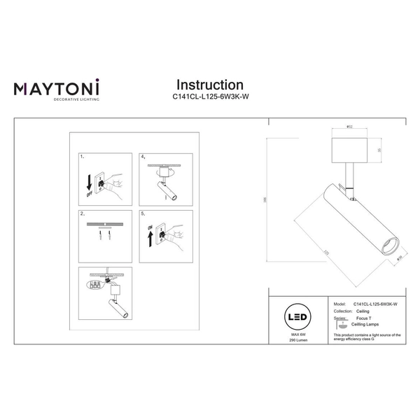 Sufitowa lampa tuba Focus C141CL-L125-6W3K-W LED 6W 3000K z regulacją biała