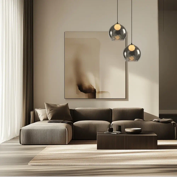 Lampa szklana wisząca nad wyspę Brin 31-38333 ball do sypialni przydymiona