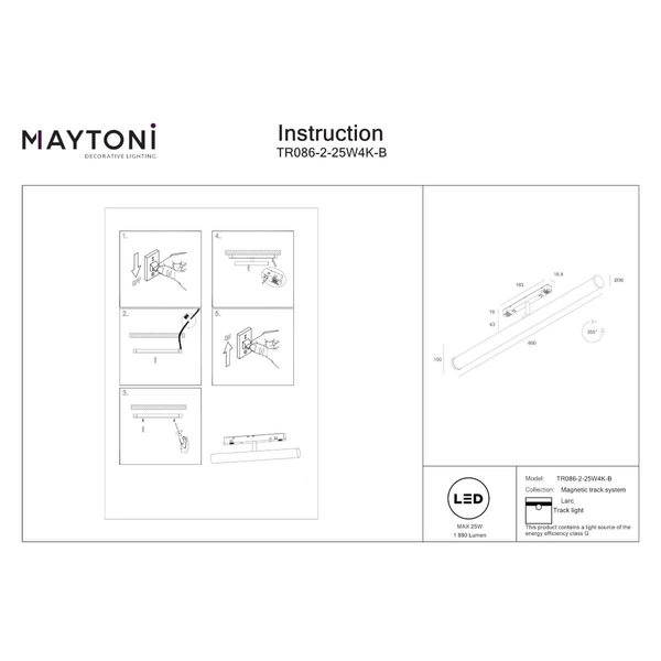 Lampa magnetyczna przysufitowa Larc TR086-2-25W4K-B LED 25W 4000K czarny