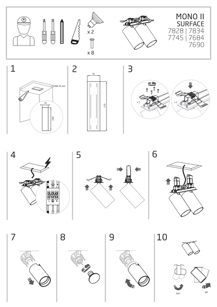 2-punktowa lampa podtynkowa Mono 7834 ruchoma do salonu czarna
