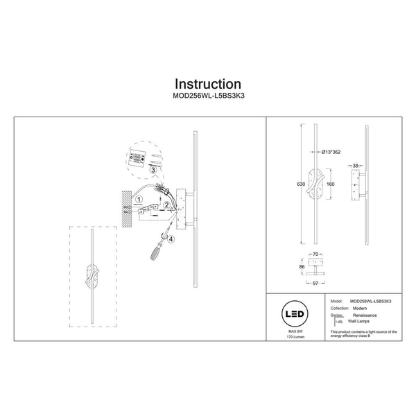 Ścienna lampa Renaissance MOD256WL-L5BS3K3 LED 6W 3000K mosiądz czarny