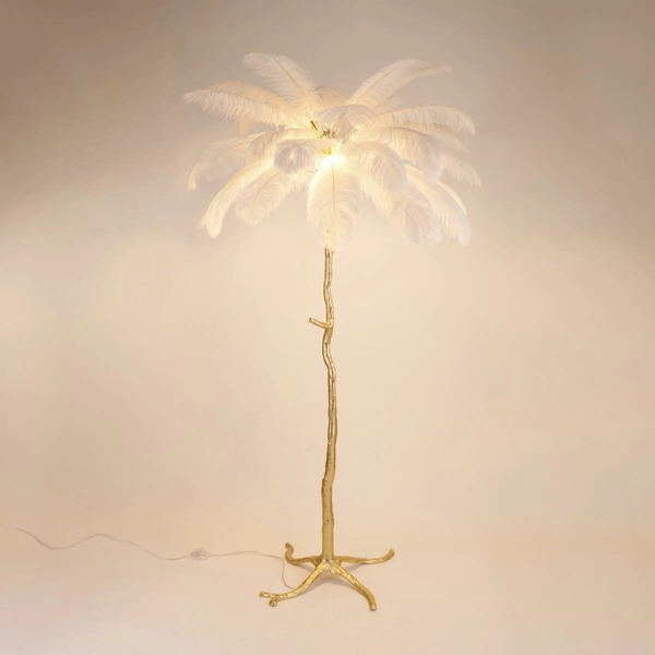 Podłogowa lampa do salonu EMU ST-DN127-F white z piórami biały złoty