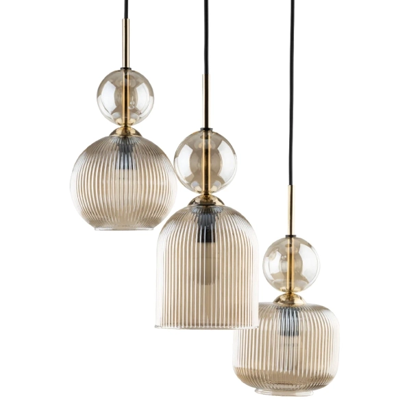 Ryflowany potrójny żyrandol Sophia Cognac 11041 szklany czarny beżowy