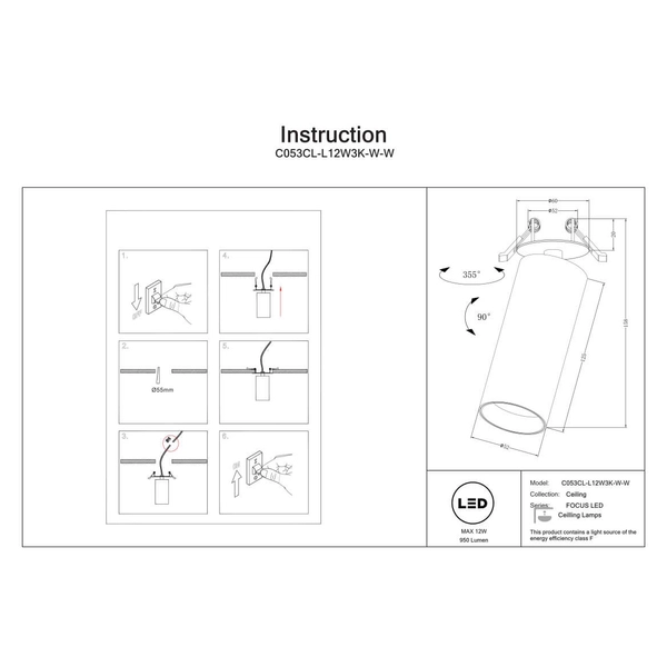 Metalowa lampa sufitowa Focus C053CL-L12W3K-W-W LED 12W 3000K tuba biała