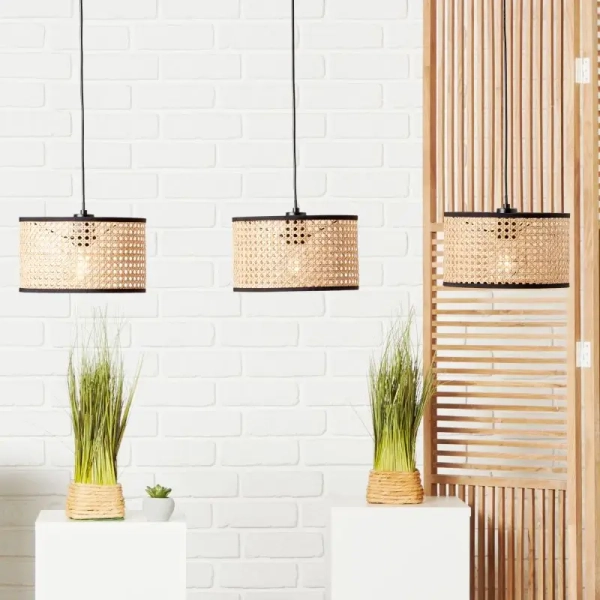 Potrójna lampa wisząca Wiley 99534/09 ratan metalowa brązowa czarna