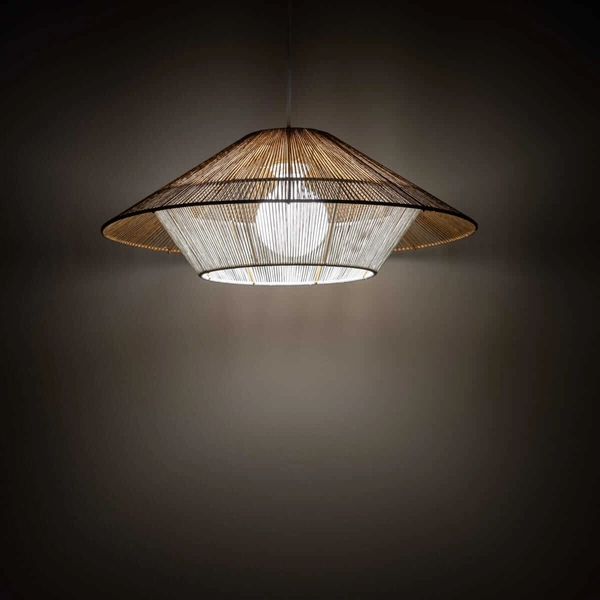 Lampa wisząca Japandi 11156 kapelusz krata drewniana metalowa biała