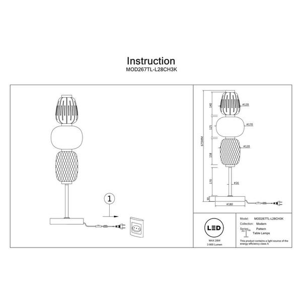 Stołowa lampka Pattern MOD267TL-L28CH3K LED 28W 3000K chrom biała szara