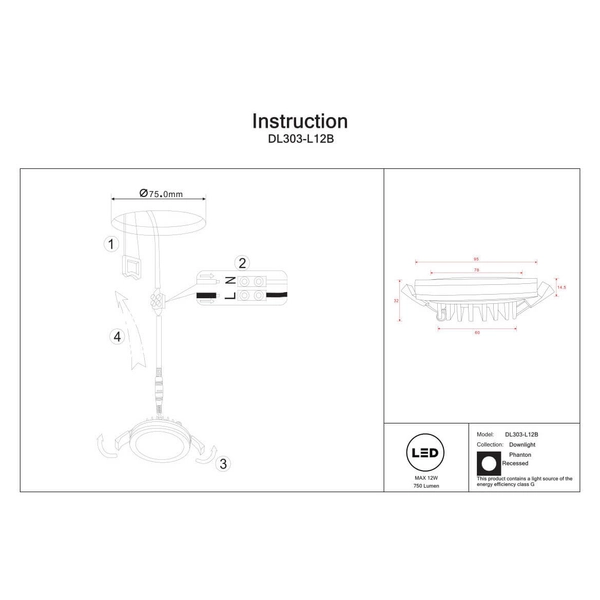 Lampa wpuszczana Phanton DL303-L12B Maytoni LED 12W 3000K okrągła czarna