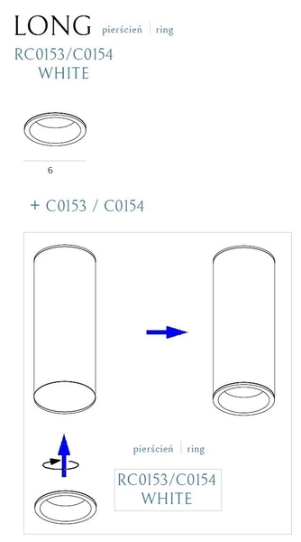 Zestaw biały downlight Long C0153 + RC0153/C0154 BLACK Maxlight LED 7W 3000K czarny pierścień