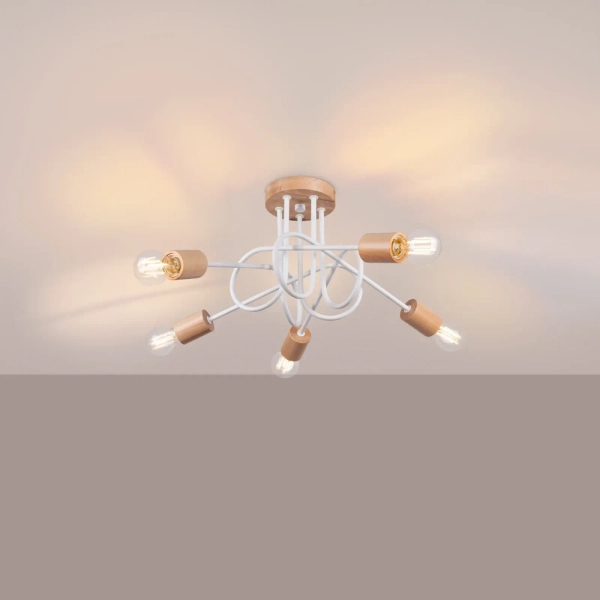 Sufitowa lampa EMBER SL.1475 biała drewniana 5xE27 do salonu