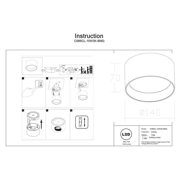 Sufitowa lampa kuchenna Vega C089CL-15W3K-BMG LED 15W 3000K czarna złota