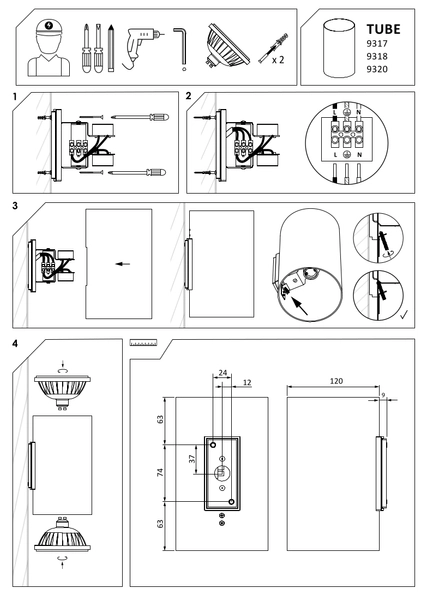 Ścienna lampa biurowa Tube 9320 czarny kinkiet tuba metalowa