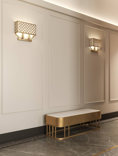 Kinkiet LAMPA ścienna Verno Parette Old Gold Orlicki Design metalowa OPRAWA prostokątna ażurowa złota satyna kremowa