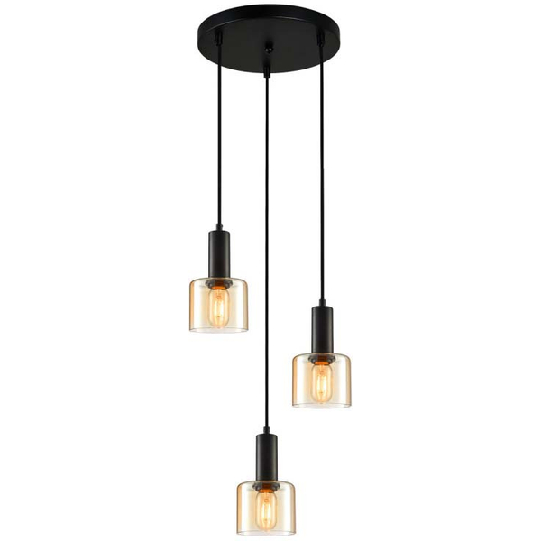 3-płomienna lampa wisząca Santia PND-65342-3A-BK+AMB kaskada hol czarna bursztynowa