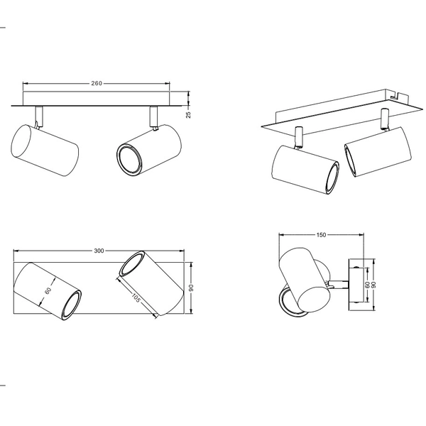 2-płomienna lampa sufitowa VANTOS DL232802400 czarne reflektorki