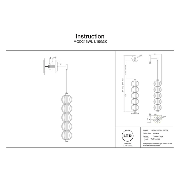 Metalowy kinkiet ścienny Golden Cage MOD216WL-L10G3K LED 17W 3000K złoty