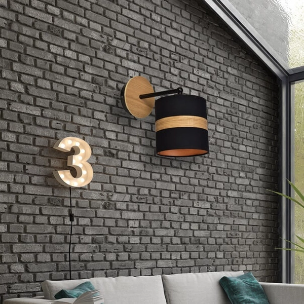 Drewniana lampa ścienna Terra kinkiet z abażurem do sypialni czarny