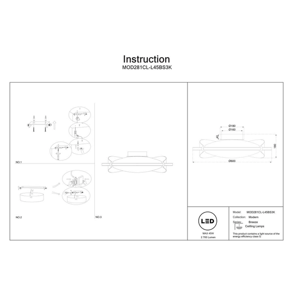 Sufitowa lampa Breeze MOD281CL-L45BS3K LED 45W 3000K mosiądz przezroczysty