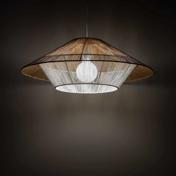 Drewniana zwisająca lampa Japandi 11157 parasol cage sznurek metalowa biała