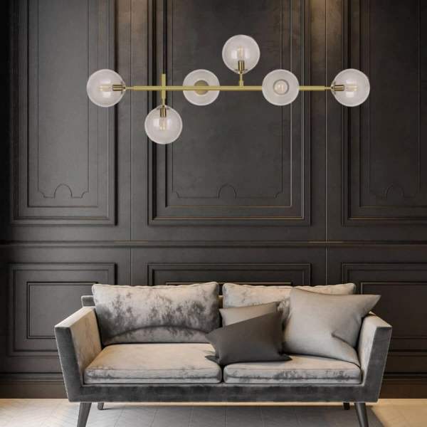 Modernistyczna lampa wisząca ALISA LP-005/6P TR Light Prestige metalowa oprawa szklane kule zwis złoty przezroczysty