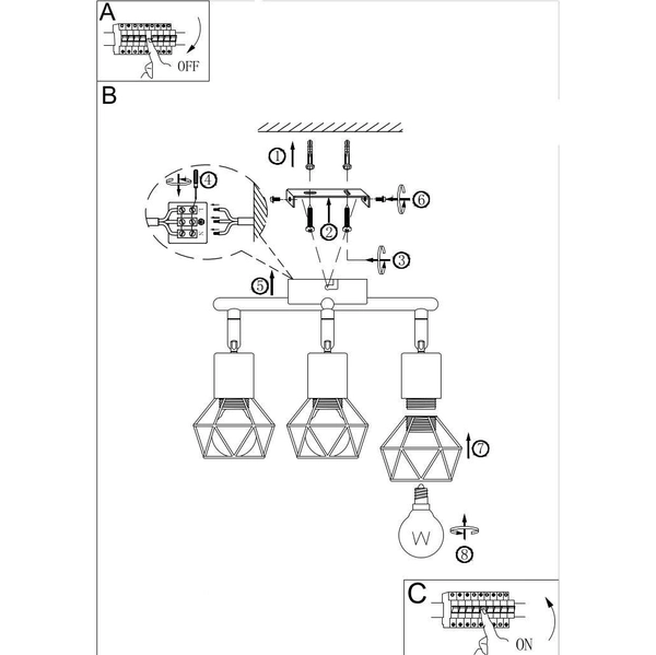 Industrialna LAMPA sufitowa XARA I 54802S-3 Globo druciana OPRAWA metalowy plafon spirala reflektorki czarne