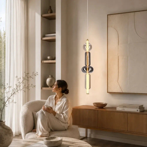 Szklana wisząca lampa KELLY bursztynowa przydymiona 31-54555 4xLED 9,5W 2700K do sypialni
