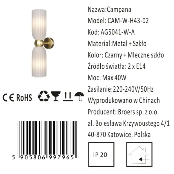 Kinkiet ścienny góra-dół CAMPANA CGCAMPANA43 szklany mosiądz biały