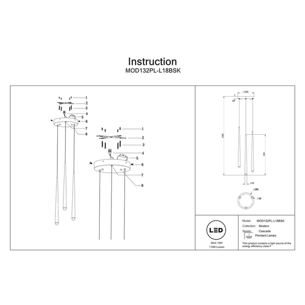 Zwieszana lampa tubki Cascade MOD132PL-L18BSK LED 19W 2500-3500K mosiądz