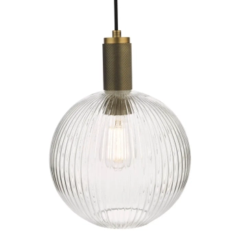 Okrągła zwisająca lampa Nikolas NIK0140-E02 żebrowana szklana mosiądz