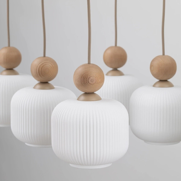 Salonowa lampa wisząca Ballo 11052 drewniana kulista biała beżowa