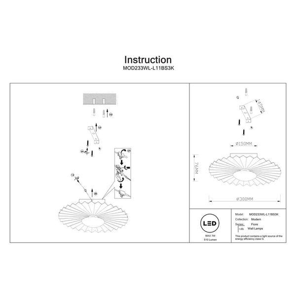 Okrągła lampa ścienna Fiore MOD233WL-L11BS3K LED 7W 3000K mosiądz biały