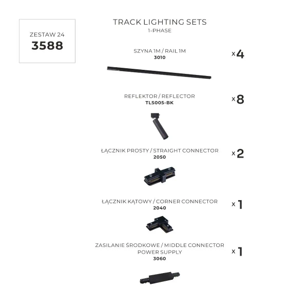 Regulowany jednofazowy zestaw szyn 3588 8xGU10 czarny